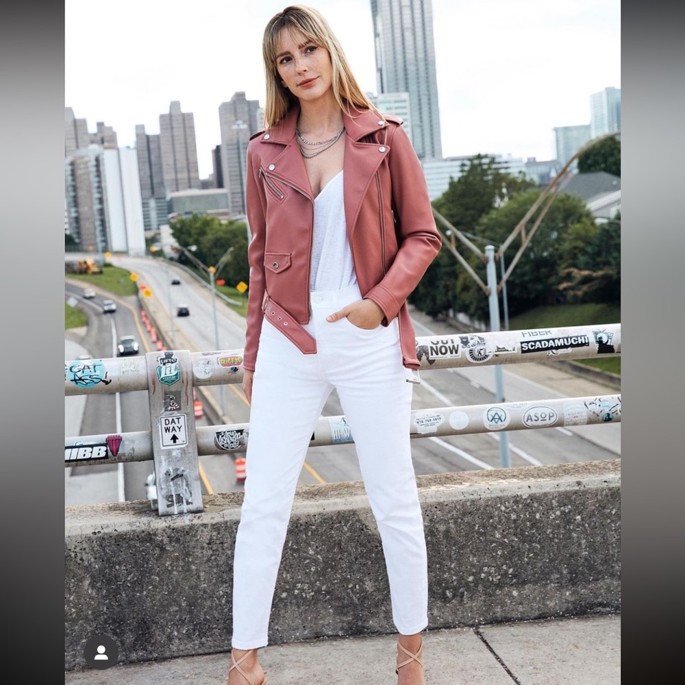 NWOT Express Rose Colored Vegan Leather Belted Moto Jacket